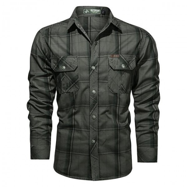 Men's Shirt Shirt Jacket Lattice Turndown Army Green Khaki Navy Blue Long Sleeve Street Casual Button-Down Tops Fashion Classic Comfortable Big and Tall / Summer / Spring / Summer
